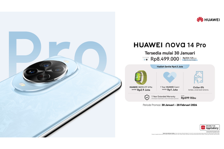 Huawei Nova 14 Pro dijadwalkan tersedia mulai 30 Januari 2026 dengan banderol harga Rp 8.499.000.