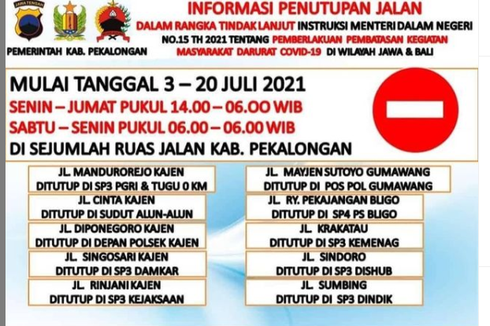 PPKM Darurat, Pemerintah Kabupaten Pekalongan Tutup 10 Ruas Jalan