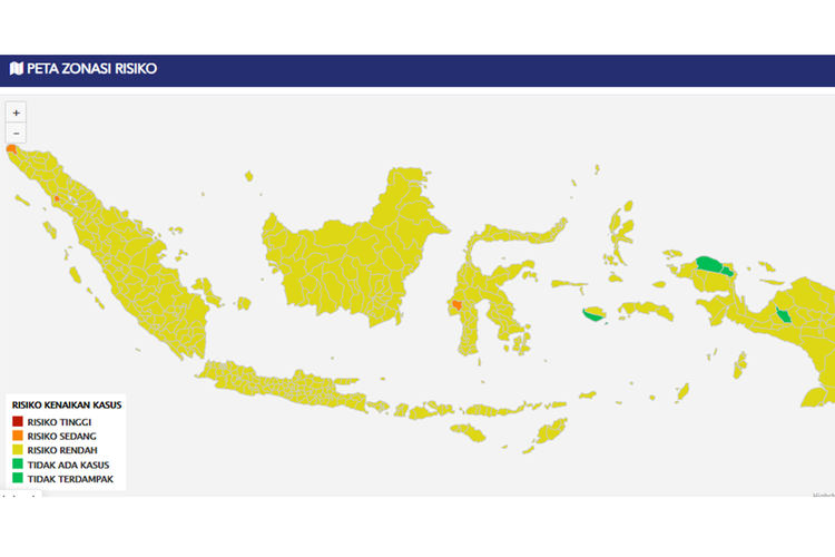 Peta zona risiko Covid-19 di Indonesia, berdasarkan update 10 Oktober 2021. Nol zona merah Covid-19 di Indonesia, hampir seluruh wilayah berisiko rendah.