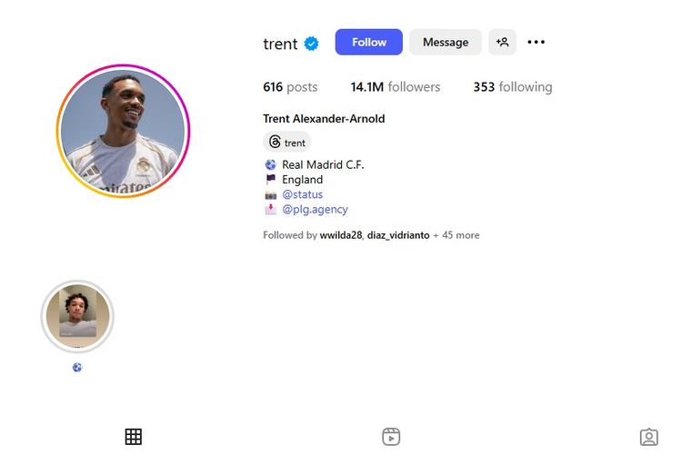 Tampilan profil akun Instagram Trent Alexander-Arnold setelah ia memastikan pindah ke Real Madrid pada awal 2025-2026.