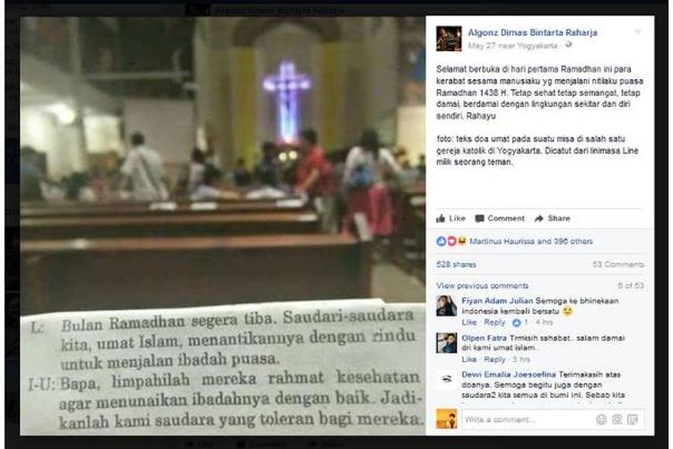 Foto teks doa umat Katolik dalam sebuah misa untuk umat Islam yang menjalani ibadah puasa viral di media sosial. Foto tersebut diunggah awalnya oleh pemilik akun Facebook Algonz Dimas Bintarta pada 27 Mei 2017.