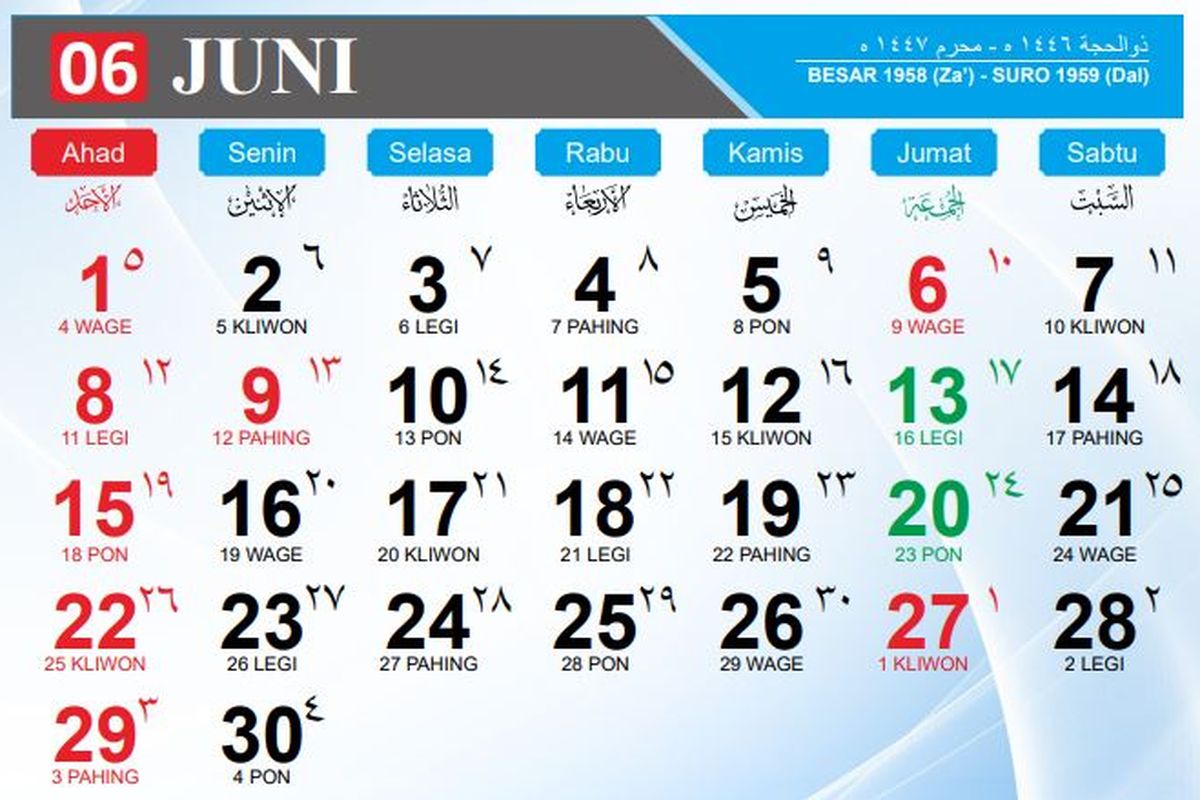 Kalender bulan Juni 2025. Simak kalender Jawa hari ini Selasa, 24 Juni 2025 lengkap dengan weton dan penanggalan Hijriah.

