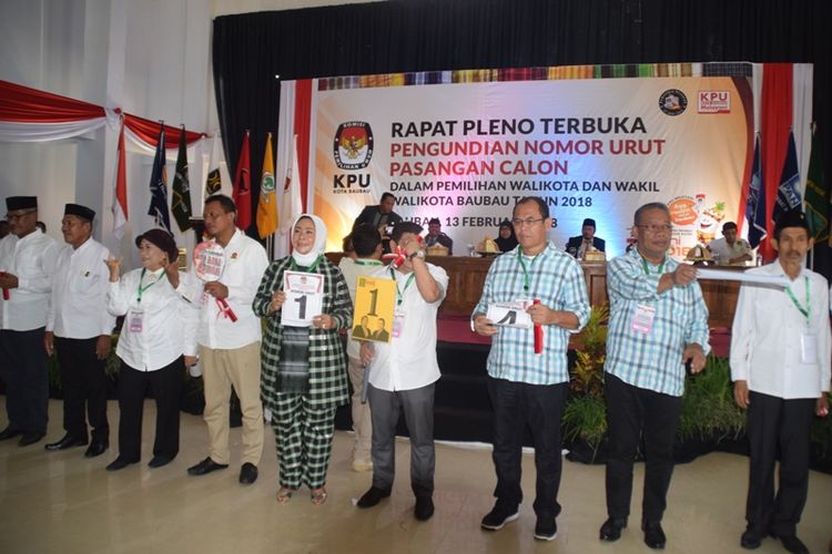 Lima Calon Walikota Baubau, Sulawesi Tenggara, mengaku telah mendapatkan nomor urut sesuai dengan nomor harapannya.  Hal ini diutarakan masing-masing pasangan calon dalam memberikan sambutan dalam Rapat Pleno Pencabutan Nomor Urut Pasangan Calon yang digelar KPU Kota Baubau, Selasa (13/2/2018).