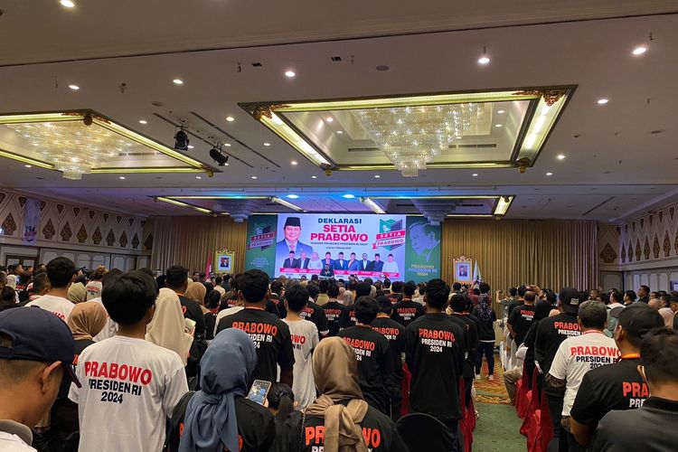 Gerakan Setia Prabowo  mendeklarasikan dukungan terhadap bakal calon presiden dari Koalisi Indonesia Maju (KIM) Prabowo Subianto di Hotel Kartika Candra, Jl Gatot Subroto, Jakarta Selatan, Sabtu (7/10/2023). 