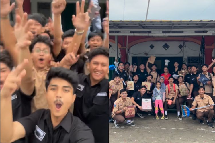 Pelajar SMAN 1 Cilegon beri hadiah ke ibu pemilik warung tongkrongan.