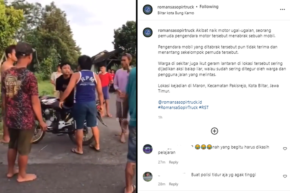 Tangkapan layar video pemilik mobil dan sejumlah warga merusak sebuah sepeda motor akibat pengendaranya ugal-ugalan.