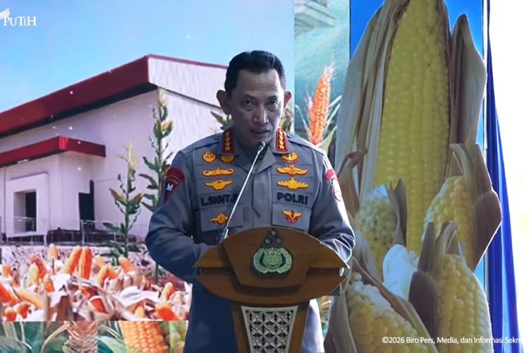 Tangkapan layar Kapolri Jenderal Listyo Sigit Prabowo dalam acara panen raya jagung serentak di Tuban, Jawa Timur, Sabtu (16/5/2026).