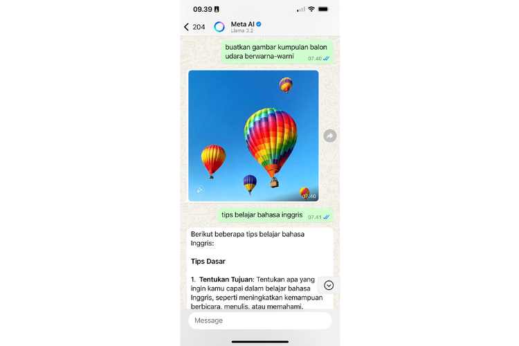 Ilustrasi fungsi Meta AI di WhatsApp untuk membuat gambar.