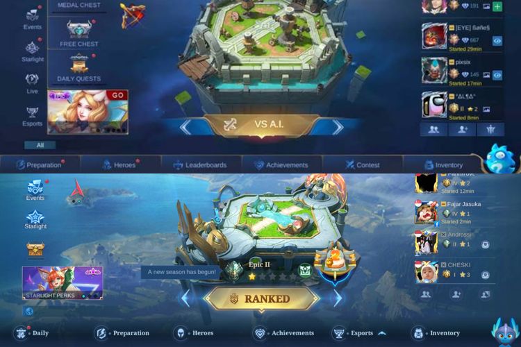 Ilustrasi menu Leaderboards yang dihilangkan di Mobile Legends di patch setelah 1.6.18 (bawah). Gambar di atas adalah ilustrasi menu Leaderboards yang masih muncul di patch sebelum 1.6.18.