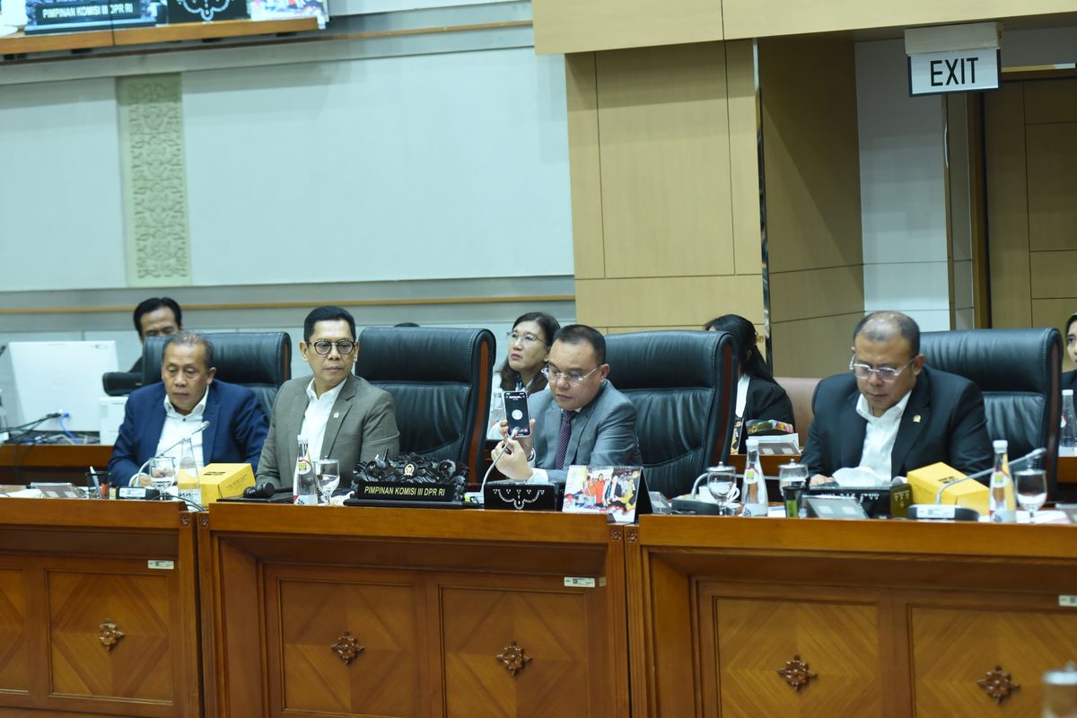 Wakil Ketua DPR RI Sufmi Dasco Ahmad bersama dengan tiga Pimpinan DPR RI lainnya, yaitu Adies Kadir, Saan Mustopa, dan Cucun Ahmad Syamsurijal saat menerima menerima audiensi dari Solidaritas Hakim Indonesia di ruang rapat Komisi III DPR RI, Gedung Nusantara II Senayan Jakarta, Selasa (8/10/2024). 