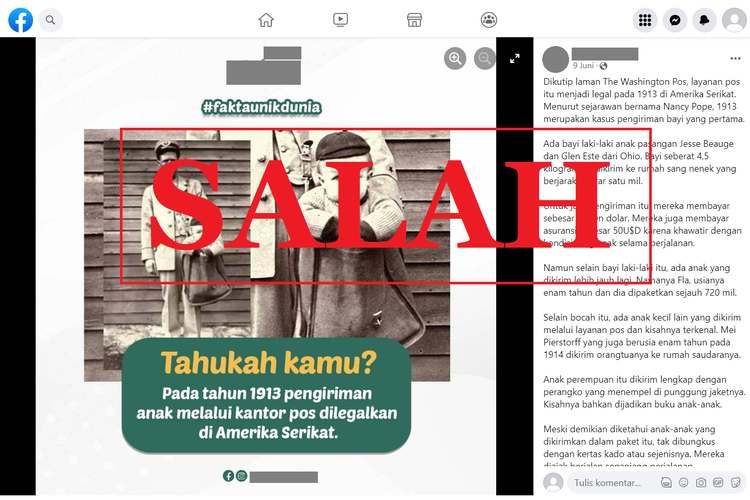 Tangkapan layar unggahan dengan narasi keliru di sebuah akun Facebook, Kamis (9/6/2022), mengenai AS yang melegalkan pengiriman anak melalui pos.