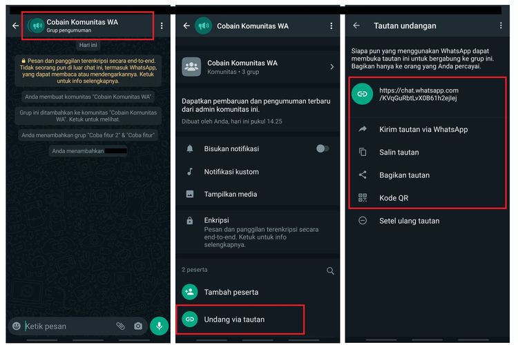 Cara membuat dan membagikan undangan link grup Komunitas WhatsApp.