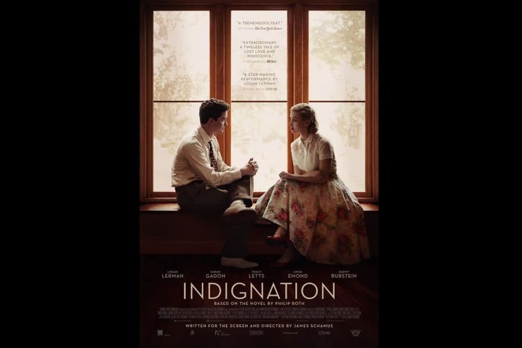 Sarah Gadon dan Logan Lerman dalam film drama Indignation (2016).