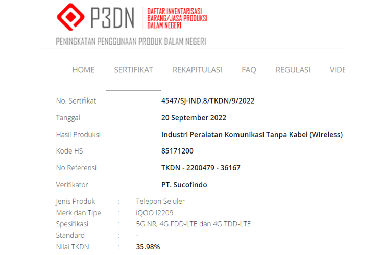 Tangkapan layar laman TKDN yang menunjukkan perangkat iQoo I2209 lolos TKDN dengan nilai 35,98 persen. 