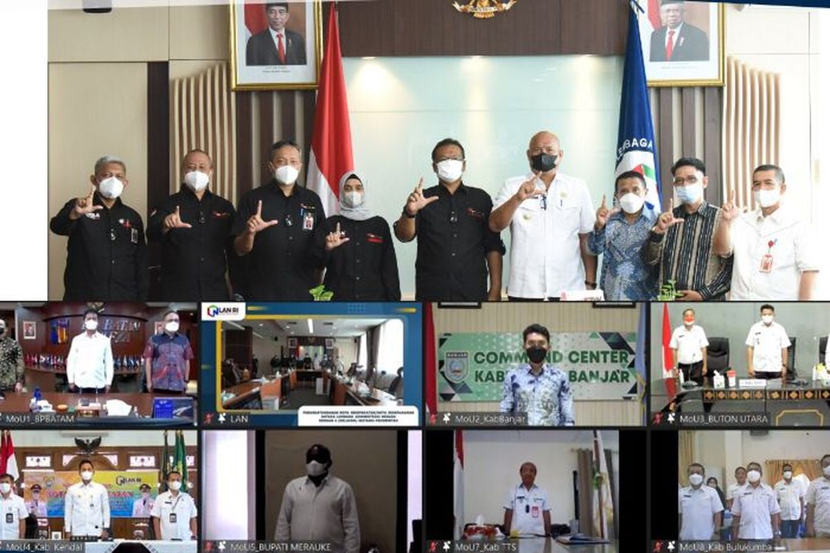 Acara penandatanganan nota kesepahaman (MoU) antara LAN dengan delapan instansi pemerintah yang diselenggarakan secara hybrid di Ruang Rapat Pimpinan, Kantor LAN Veteran, Rabu (2/3/2022).
