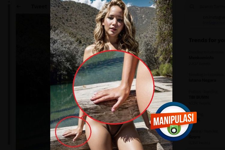 Foto aktris Hollywood Jennifer Lawrence hasil manipulasi AI. Kejanggalan terlihat pada tangan kanan Jennifer Lawrence yang memiliki enam jari.