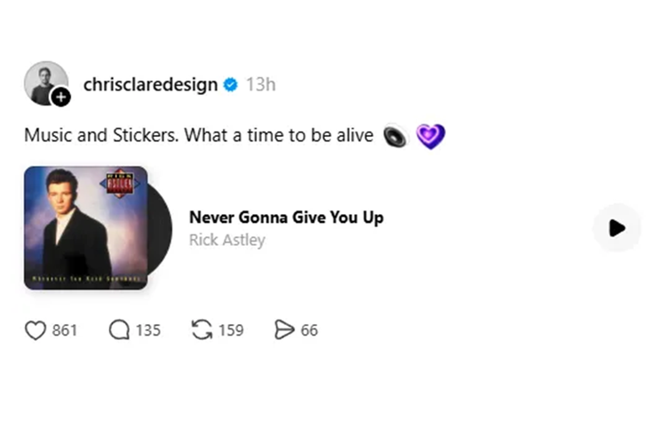 Tampilan stiker musik di postingan Threads.