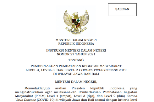 Aturan Lengkap PPKM Level 4, 3, dan 2 Jawa-Bali Berlaku 3-9 Agustus 2021