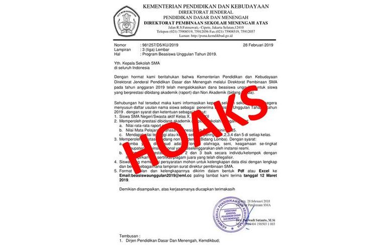 Hoaks surat program beasiswa unggulan atasnamakan Kemendikbud.