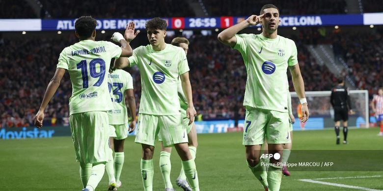Ferran Torres merayakan gol dalam laga leg kedua semifinal Copa del Rey 2024-2025 antara Atletico Madrid vs Barcelona yang dilangsungkan di Stadion Metropolitano, Rabu (2/4/2025) atau Kamis dini hari WIB.. (Photo by Pierre-Philippe MARCOU / AFP)