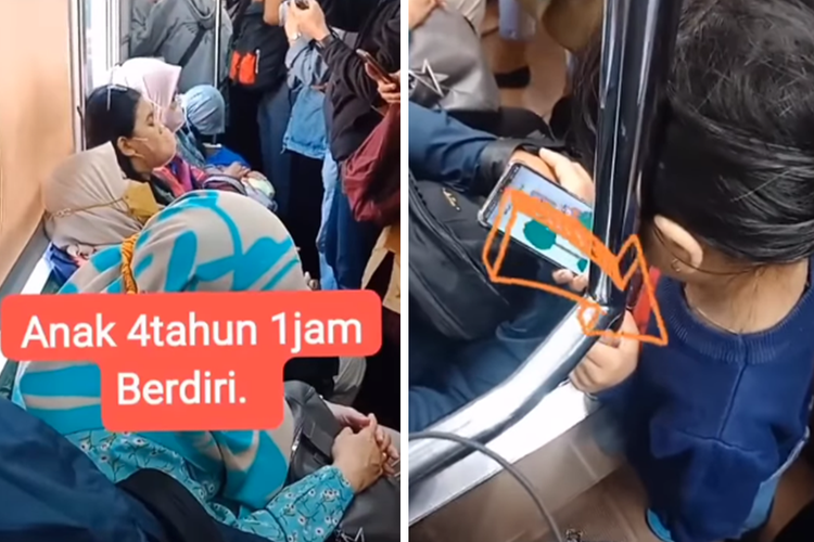 Tangkapan layar video bernarasi anak 4 tahun berdiri selama 1 jam saat menggunakan moda transportasi kereta rel listrik (KRL).