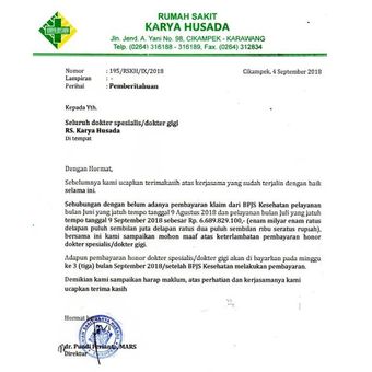 Surat pemberitahuan keterlambatan pembayaran honor dokter spesialis atau dokter gigi di RS Karya Husada yang viral.