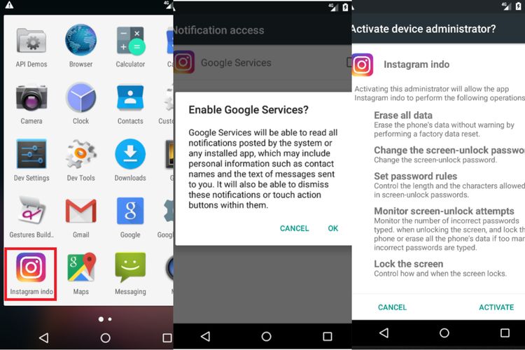 Tampilan aplikasi Instagram bajakan yang digunakan hacke runtuk mencuri data pengguna di HP Android.