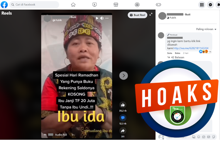 Tangkapan layar unggahan dengan narasi hoaks di sebuah akun Facebook, 5 April 2023, soal video Ida Dayak berjanji mentransfer Rp 20 juta.