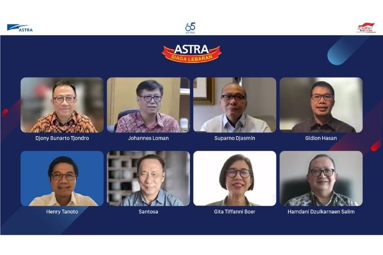 Kick-Off Astra Siaga Lebaran 2022 (26/4) turut dihadiri oleh Presiden Direktur Astra Djony Bunarto Tjondro (kiri atas), Direktur Astra Johannes Loman (kedua kiri atas), Direktur Astra Suparno Djasmin (kedua kanan atas), Direktur Astra Gidion Hasan (kanan atas), Direktur Astra Henry Tanoto (kiri bawah), Direktur Astra Santosa (kedua kiri bawah), Direktur Astra Gita Tiffani Boer (kedua kanan bawah), serta Direktur Astra Hamdhani Dzulkarnaen Salim (kanan bawah) 