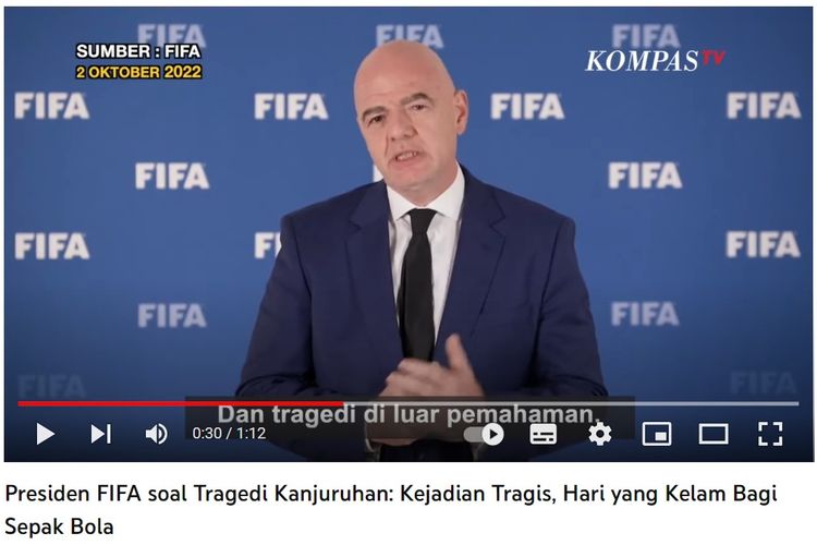 Tangkapan layar ucapan belasungkawa Presiden FIFA untuk tragedi Kanjuruhan