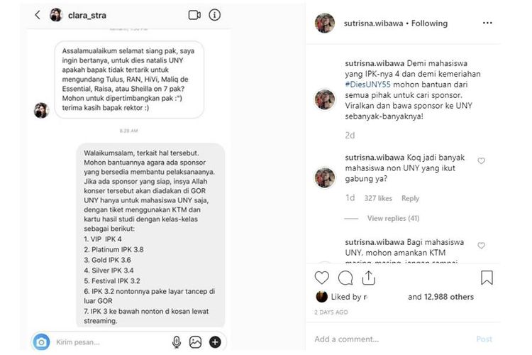 Tangkapan layar antara seorang mahasiswi dengan Rektor UNY yang viral