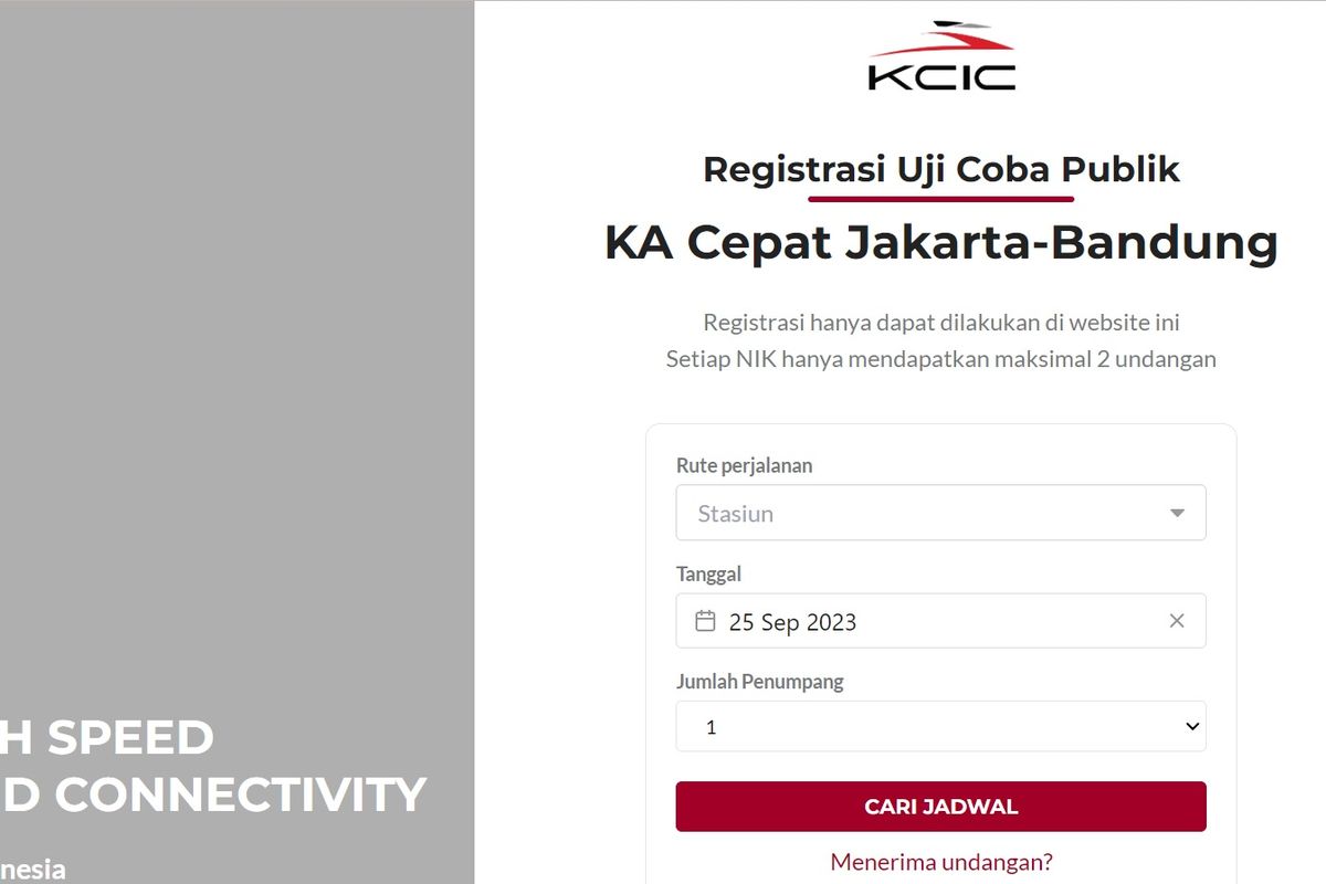 Tangkapan layar registrasi uji coba publik KA Cepat Jakarta-Bandung, Minggu (24/9/2023).