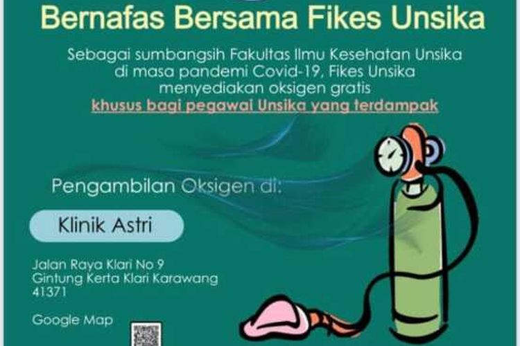 Fakultas Ilmu Kesehatan Universitas Singaperbangsa Karawang (Unsika) memberikan pnijaman tabung oksigen beserta perlengkapannya gratis bagi pegawai Unsika atau keluarganya yang positif Covid-19.