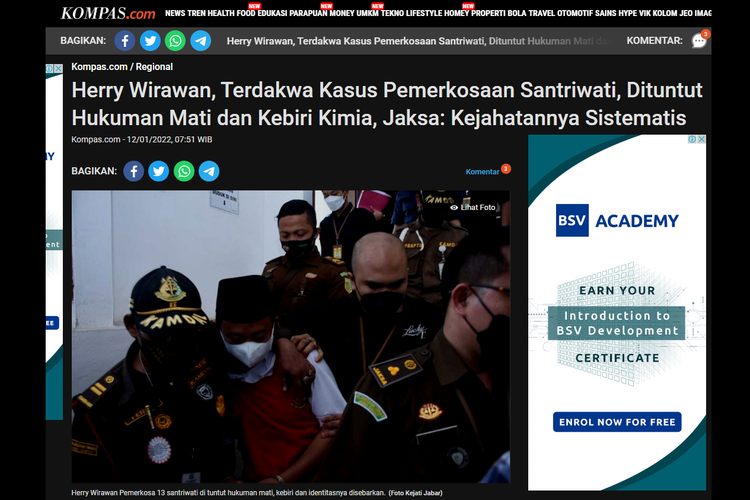 Tangkapan layar foto Herry Wirawan yang digunakan pada pemberitaan Kompas.com, 12 Januari 2022, bersumber dari Kejaksaan Tinggi Jawa Barat.
