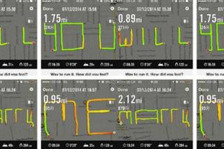 Seorang pelari dari kota Portsmouth, Inggris, melamar kekasihnya dengan menulis 'Will You Marry Me' menggunakan aplikasi pelacak GPS.