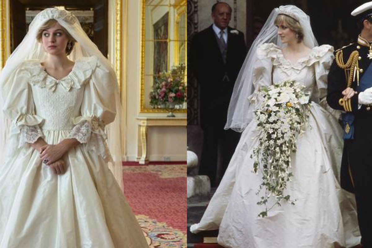 Artis peran  Emma Corrin saat mengenakan replika gaun pernikahan mendiang Putri Diana untuk serial The Crown Season 4.