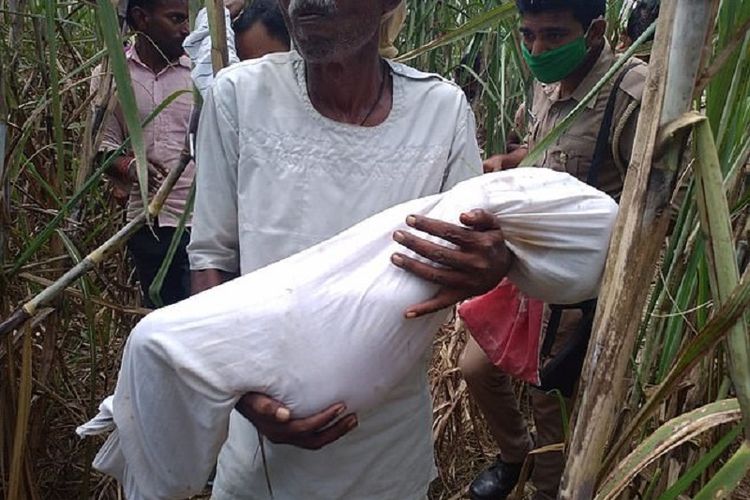 Jenazah bocah 3 tahun dibawa dari ladang yang berlokasi di Distrik Lakhimpur Kher, Uttar Pradesh, India. Bocah itu dilaporkan ditemukan setelah diperkosa dan dibunuh karena masalah rivalitas keluarga.