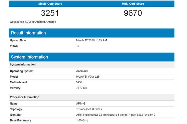 Bocoran Benchmark Huawei P30 Pro dari Geekbench