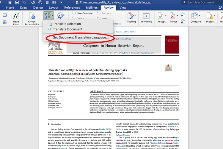 Ilustrasi cara translate jurnal di Microsoft Word