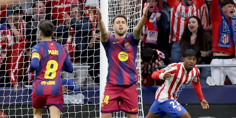 Penyerang Atletico Madrid, Ademola Lookman, merayakan gol ke gawang Barcelona. Hasil Liga Champions Atletico Madrid vs Barcelona bergulir di Stadion Metropolitano, Rabu (15/4/2026) pukul 02.00 WIB.