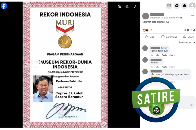 Tangkapan layar konten satire di sebuah akun Facebook, 25 Desember 2023, berisi gambar piagam penghargaan MURI untuk Prabowo Subianto.