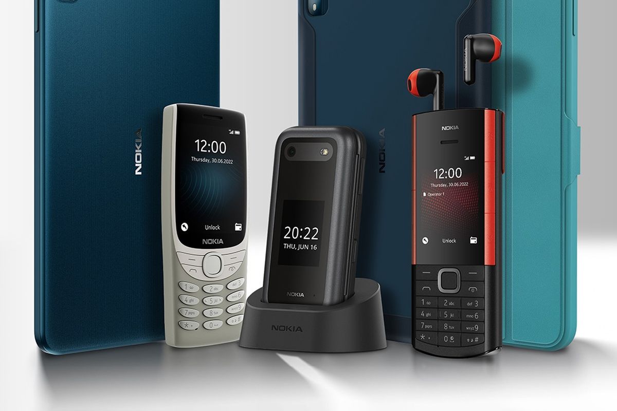 Ilustrasi Nokia 8210 4G, Nokia 2660 Flip, dan Nokia 5710 XpressAudio.