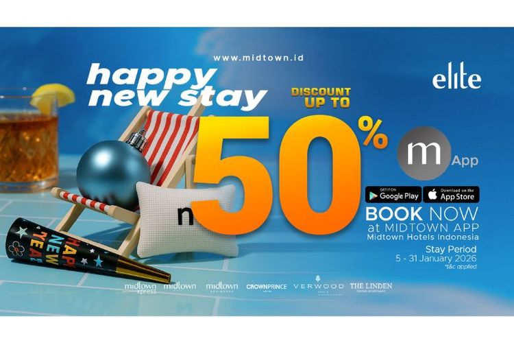 Midtown Hotels Indonesia menghadirkan promo spesial ?Happy New Stay? dengan potongan harga hingga 50 persen yang berlaku mulai Senin (5/1/2026) hingga Sabtu (31/1/2026). 