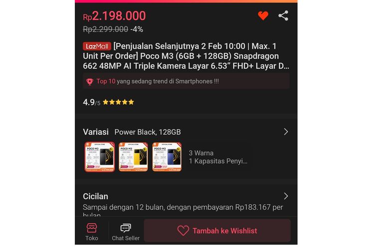 Varian lain Poco M3 di flash sale ketiga Lazada yang ludes terjual.