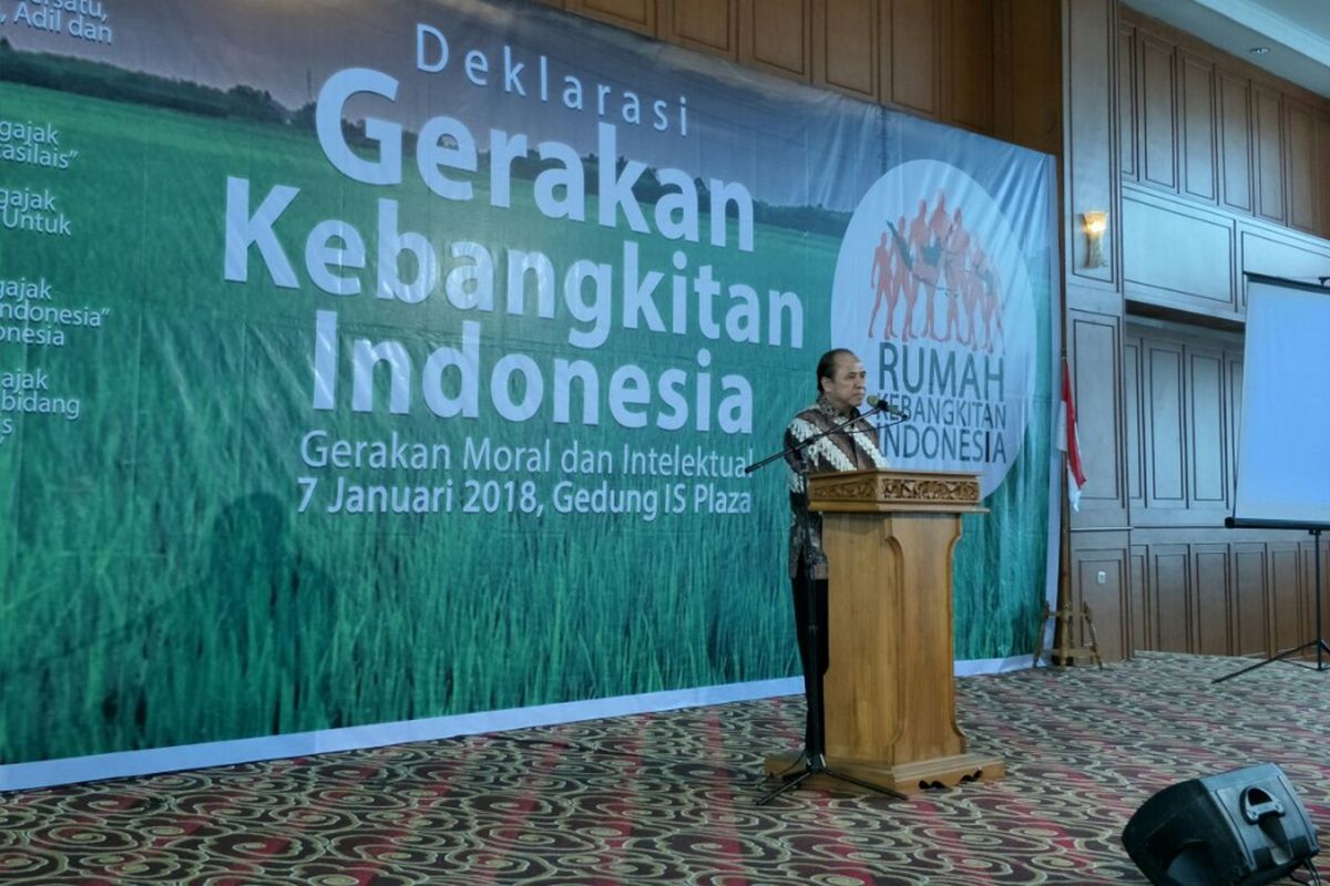 Mantan Wakil Gubernur DKI Jakarta Prijanto dalam deklarasi Gerakan Kebangkitan Indonesia di Is Plaza, Jalan Pramuka Raya, Minggu (7/1/2018). 