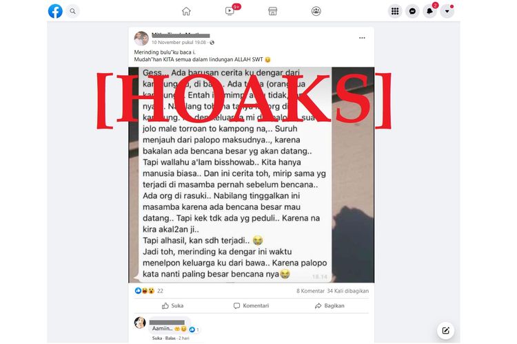 Tangkapan layar unggahan hoaks akan ada bencana besar di Palopo, yang beredar di WhatsApp dan Facebook.