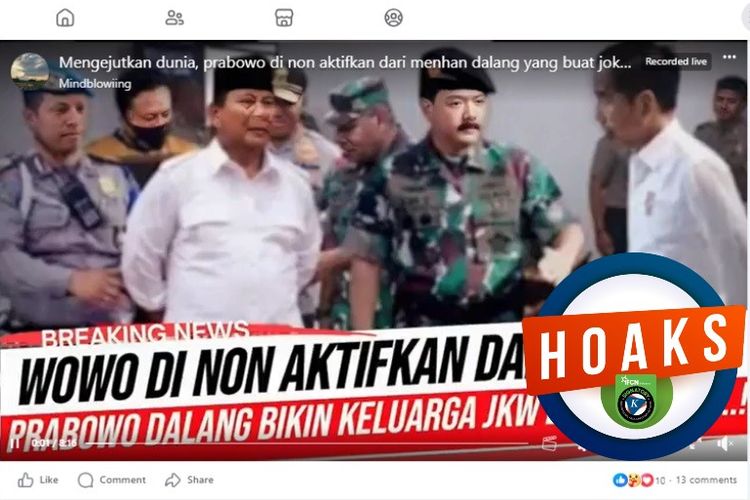 Tangkapan layar Facebook narasi yang menyebut Prabowo diberhentikan sebagai Menhan