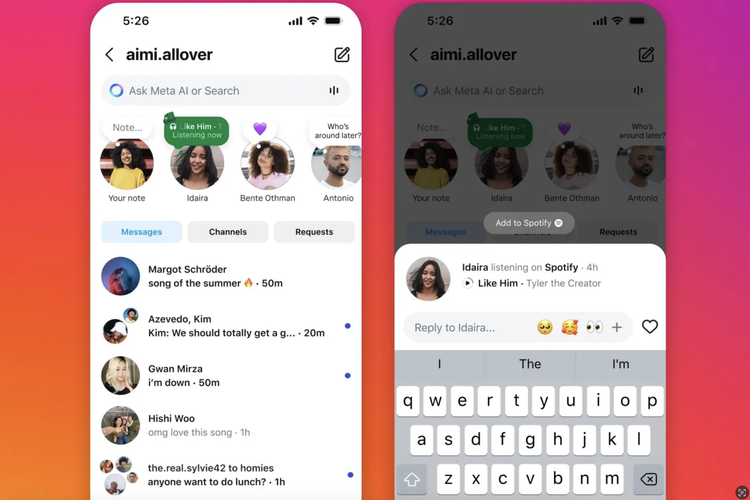 llustrasi fitur baru yang kini bisa memunculkan status dengar lagu secara life dari Spotify ke Instagram Notes