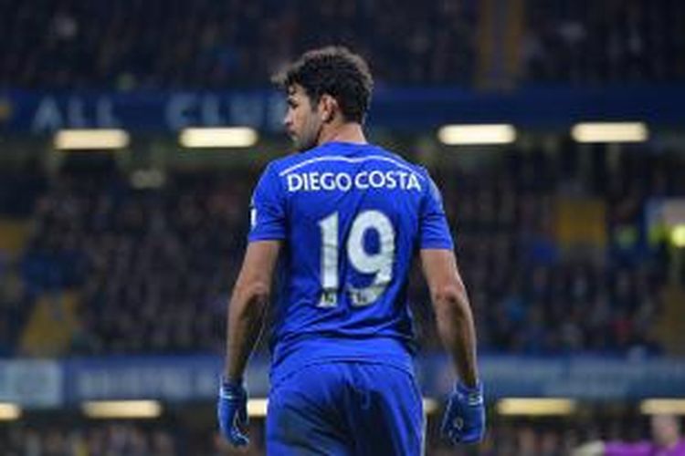 Salah satu ekspresi penyerang Chelsea Diego Costa, ketika tampil pada pertandingan leg kedua Piala Liga melawan Liverpool, di Stamford Bridge, London, Selasa (27/1/2015). Chelsea memenangi laga itu dengan skor 1-0 (agregat 2-1).