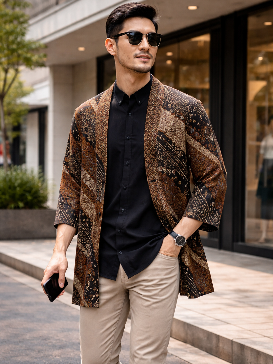 Inspirasi outfit pria muslim April 2026: Layering dan Outer Kimono Beraksen Etnik.